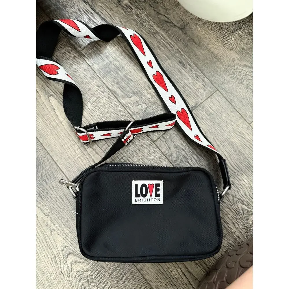 Brighton Love Essentials Crossbody Bag Black Heart Wide Strap Double Zip